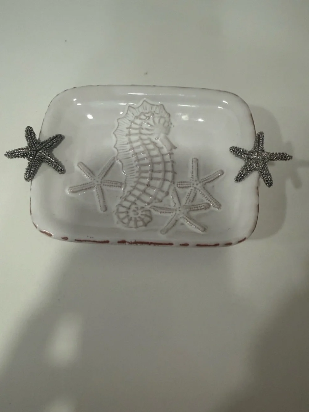 Mudpie Seahorse Soap Dish Handcrafted Silver Starfish & Antique White w/Brown 6